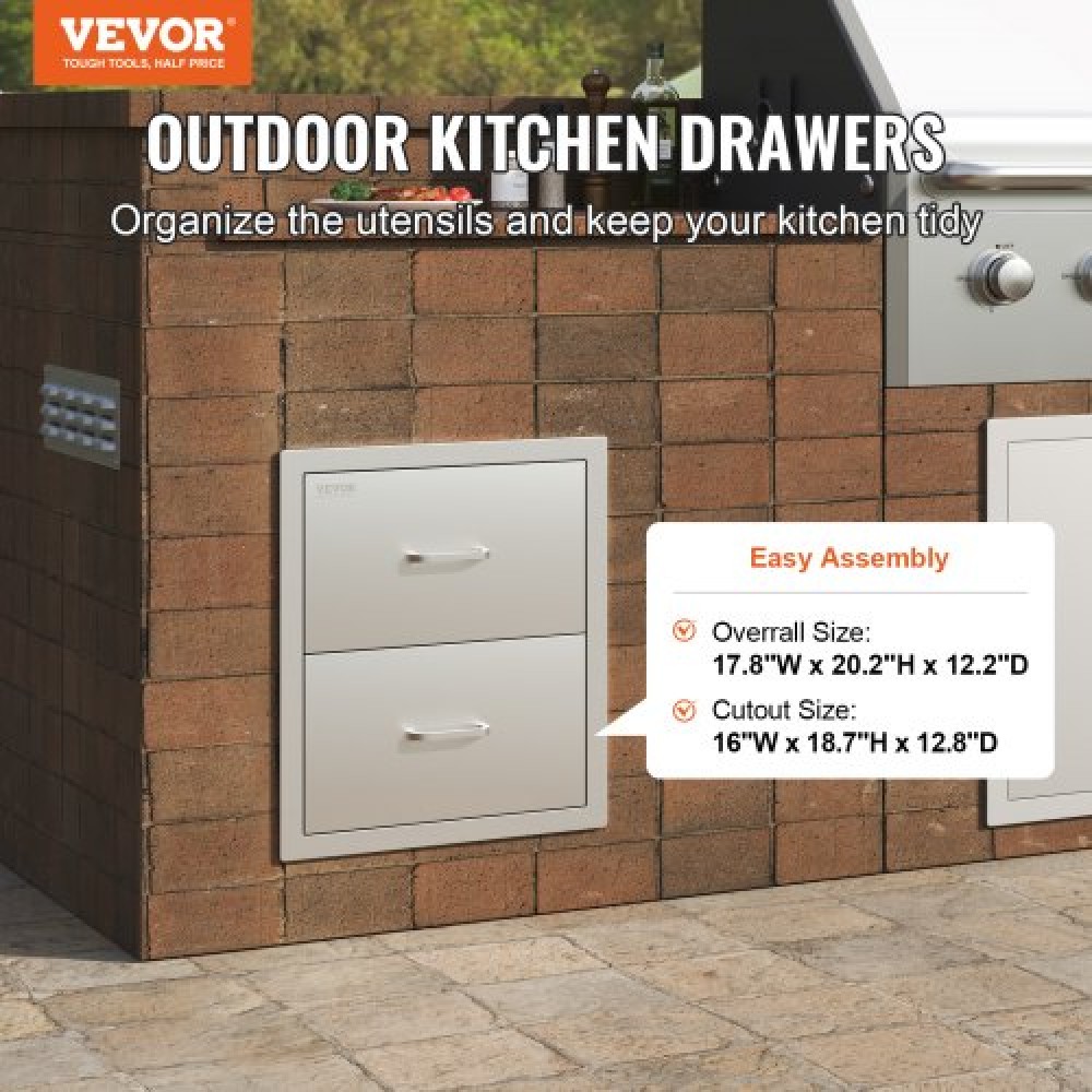 Συρτάρια κουζίνας εξωτερικού χώρου VEVOR 18W x 20,6H x 12,7D ίντσες, Διπλά Συρτάρια BBQ από ανοξείδωτο ατσάλι με χωνευτή βάση, συρτάρια BBQ Island για εξωτερική κουζίνα ή ψησταριά αίθριου