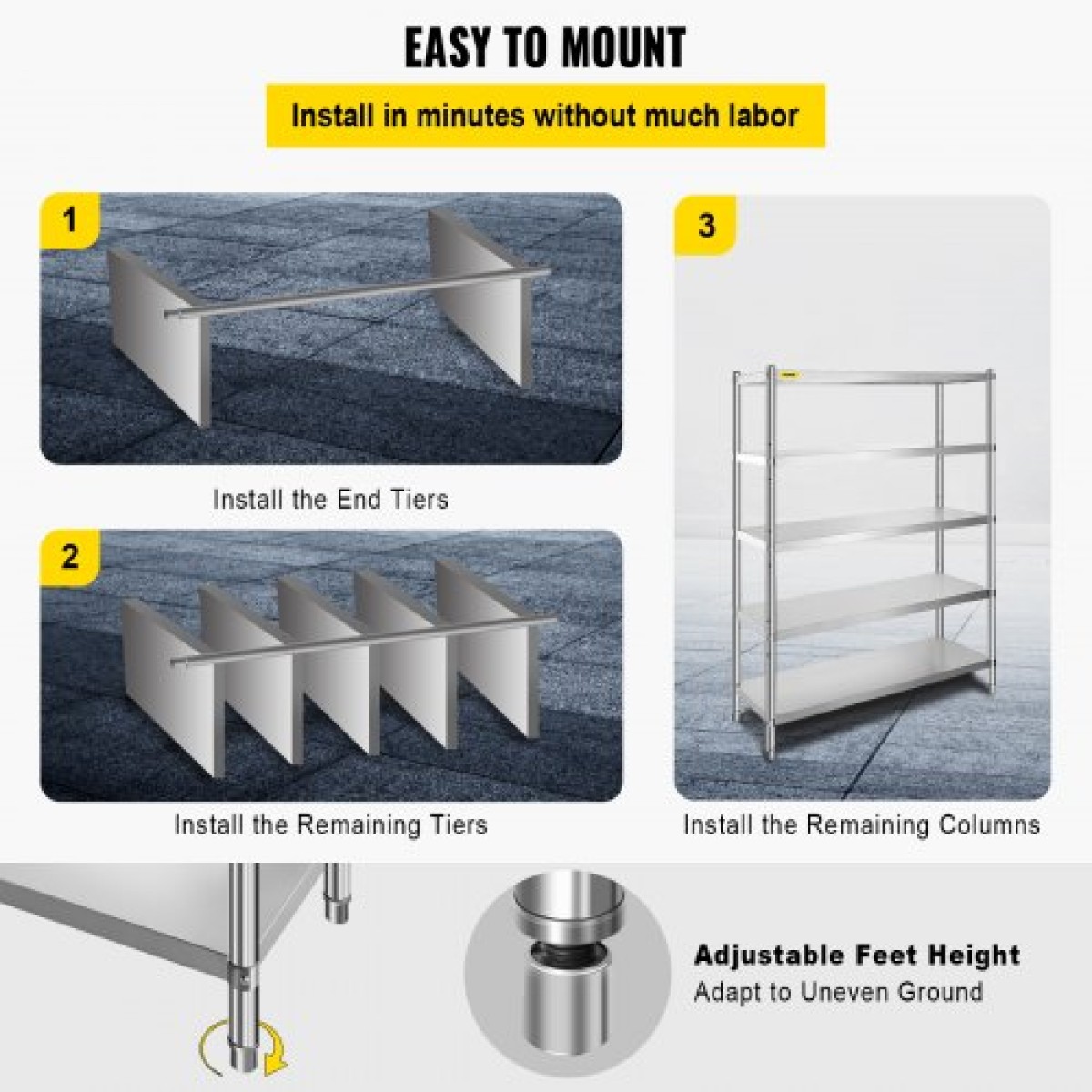 VEVOR Shelving Unit 48x18,5 Inch Storage Relves 5-Tier shelving Units And Storage Adjustable Shelf Storage Unit Ρυθμιζόμενα πόδια Ράφια Μονάδες Ράφια κουζίνας από ανοξείδωτο χάλυβα