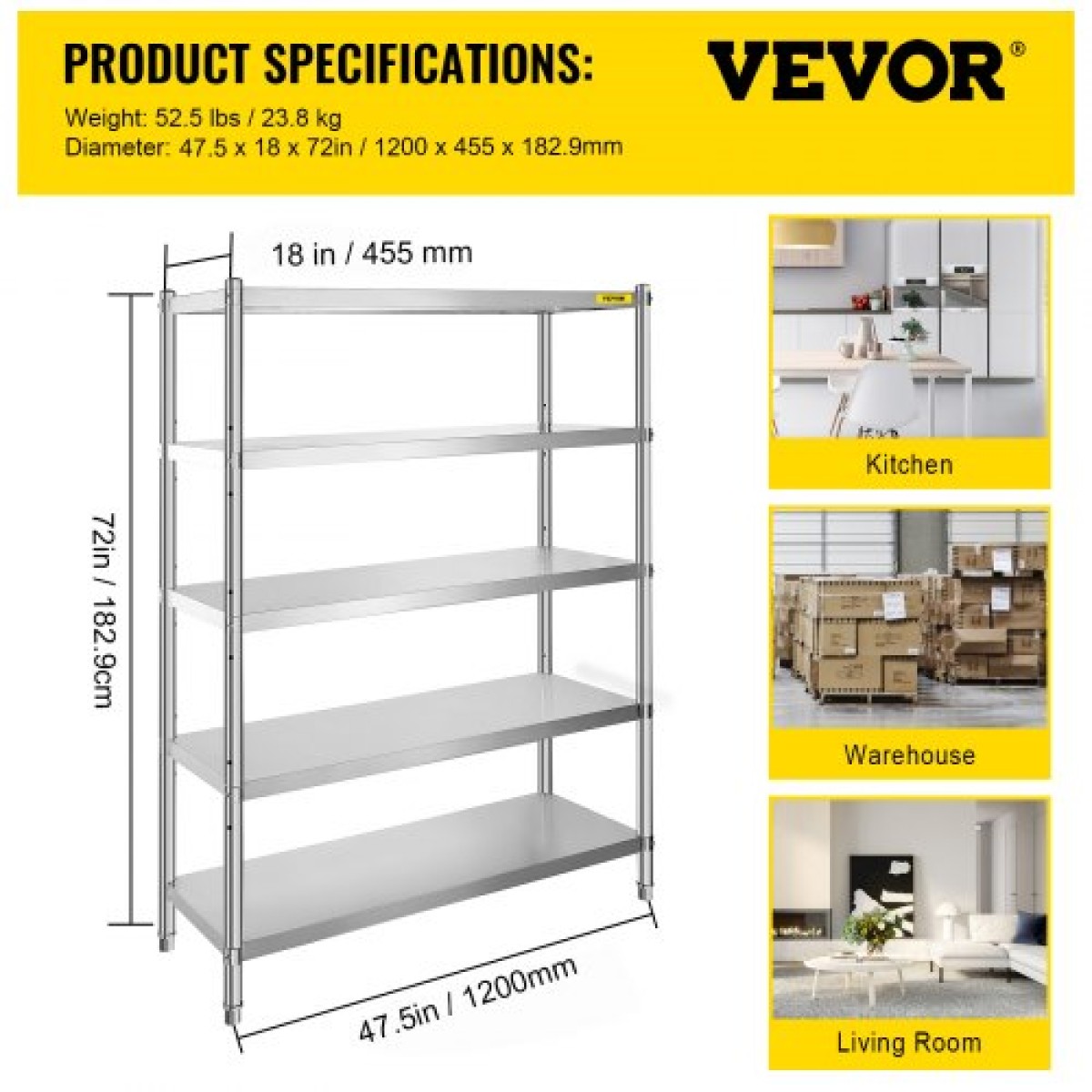 VEVOR Shelving Unit 48x18,5 Inch Storage Relves 5-Tier shelving Units And Storage Adjustable Shelf Storage Unit Ρυθμιζόμενα πόδια Ράφια Μονάδες Ράφια κουζίνας από ανοξείδωτο χάλυβα
