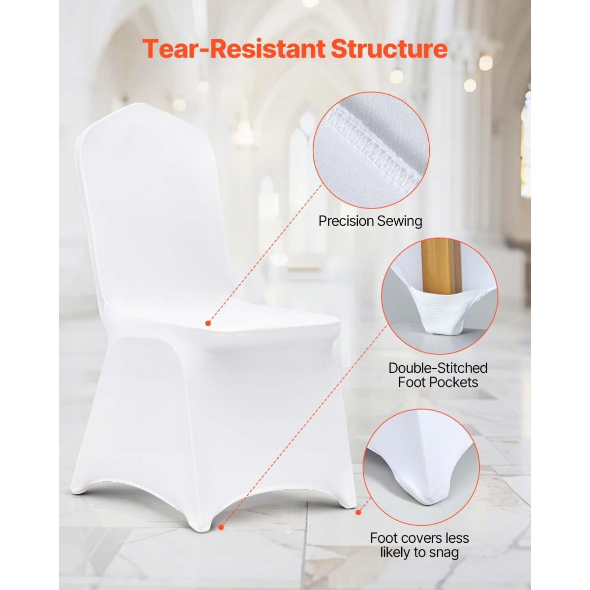 Πτυσσόμενα καλύμματα καρέκλας VEVOR Stretch Spandex, Universal Εφαρμοσμένο κάλυμμα καρέκλας, Αφαιρούμενα πλενόμενα προστατευτικά καλύμματα, για γάμους, διακοπές, συμπόσιο, πάρτι, γιορτή, δείπνο (100 τμχ Λευκό)