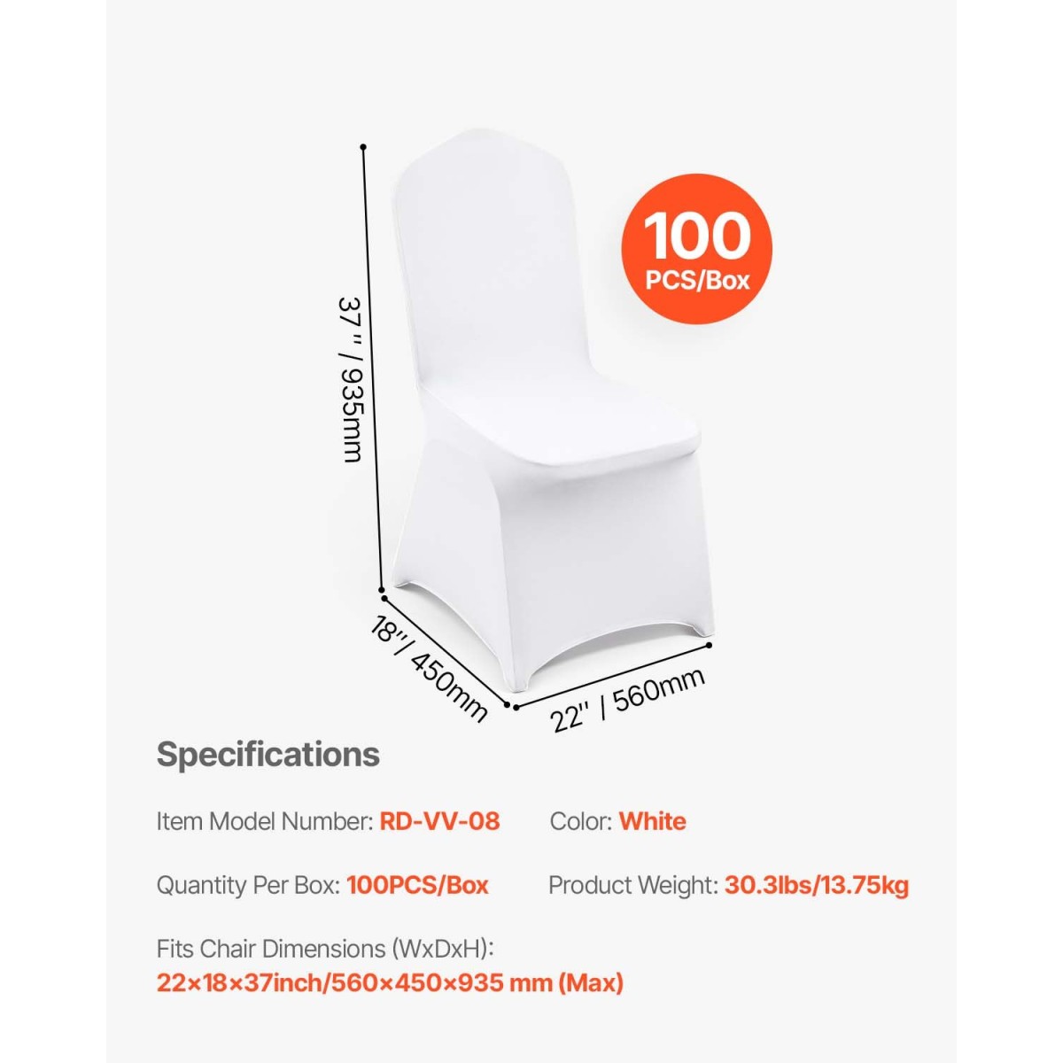 Πτυσσόμενα καλύμματα καρέκλας VEVOR Stretch Spandex, Universal Εφαρμοσμένο κάλυμμα καρέκλας, Αφαιρούμενα πλενόμενα προστατευτικά καλύμματα, για γάμους, διακοπές, συμπόσιο, πάρτι, γιορτή, δείπνο (100 τμχ Λευκό)