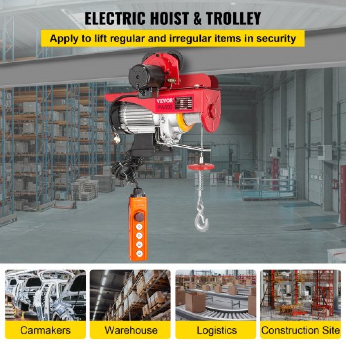 VEVOR 800Kg/1700Lbs Electric Trolley Hoist 1300W Electric Hoist Winch Double 12M/40Ft , Electric Hoist Electric Forklift Steel Holder Pallet Lever Hoist Garage