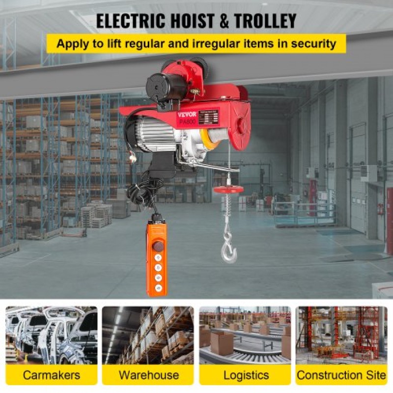 VEVOR 800Kg/1700Lbs Electric Trolley Hoist 1300W Electric Hoist Winch Double 12M/40Ft , Electric Hoist Electric Forklift Steel Holder Pallet Lever Hoist Garage