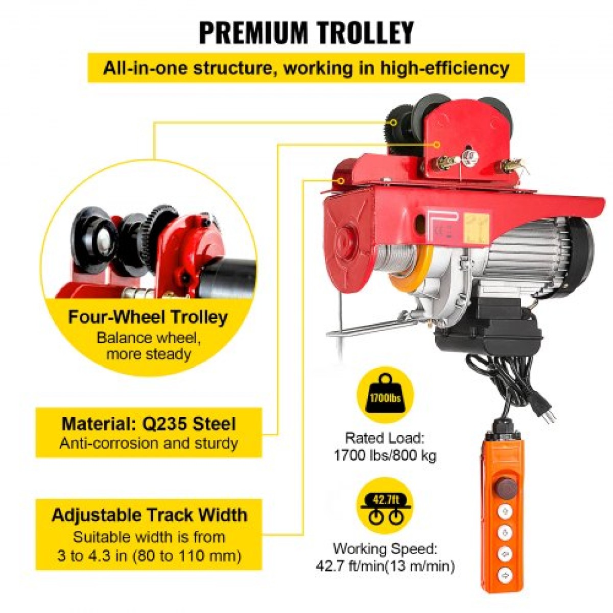 VEVOR 800Kg/1700Lbs Electric Trolley Hoist 1300W Electric Hoist Winch Double 12M/40Ft , Electric Hoist Electric Forklift Steel Holder Pallet Lever Hoist Garage