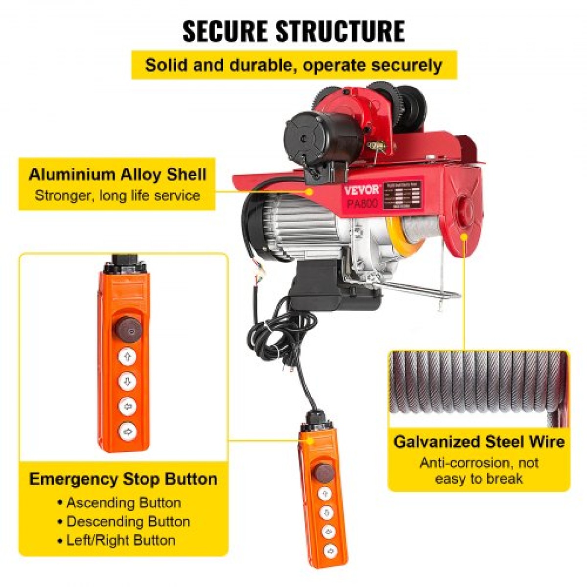 VEVOR 800Kg/1700Lbs Electric Trolley Hoist 1300W Electric Hoist Winch Double 12M/40Ft , Electric Hoist Electric Forklift Steel Holder Pallet Lever Hoist Garage
