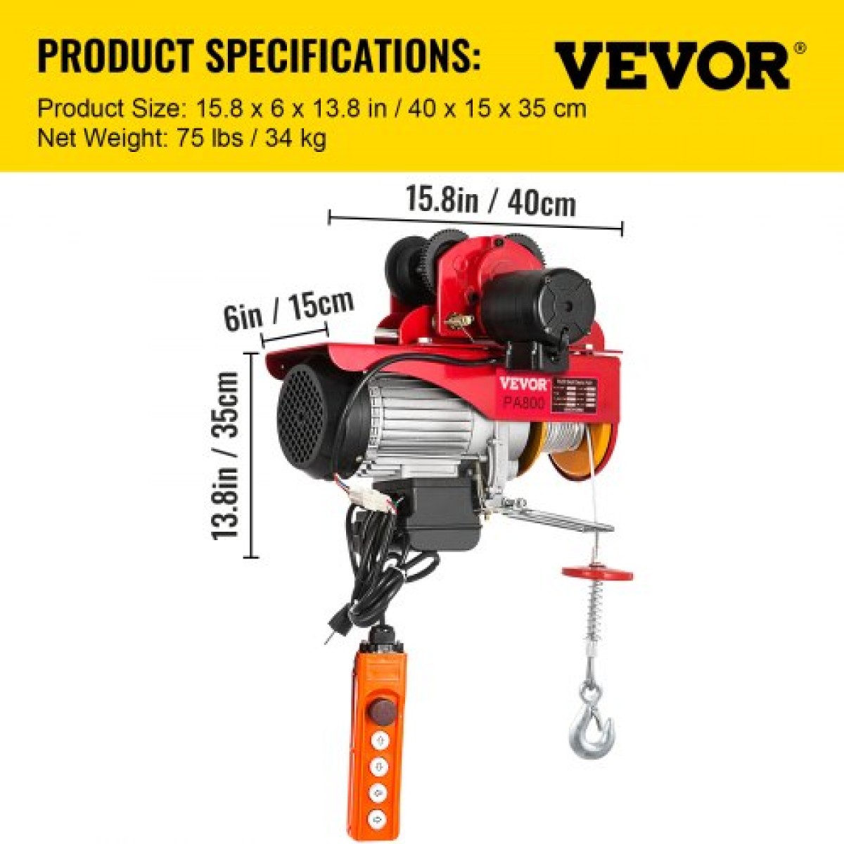 VEVOR 800Kg/1700Lbs Electric Trolley Hoist 1300W Electric Hoist Winch Double 12M/40Ft , Electric Hoist Electric Forklift Steel Holder Pallet Lever Hoist Garage