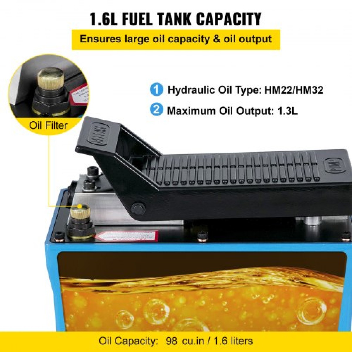 VEVOR Air Hydraulic Pump Μονάδα Power Pack 10.000 PSI 1687,8 cm³ Καπάκι βαρέως τύπου ολικής μεταλλικής κατασκευής Air Hydraulic Foot Pump