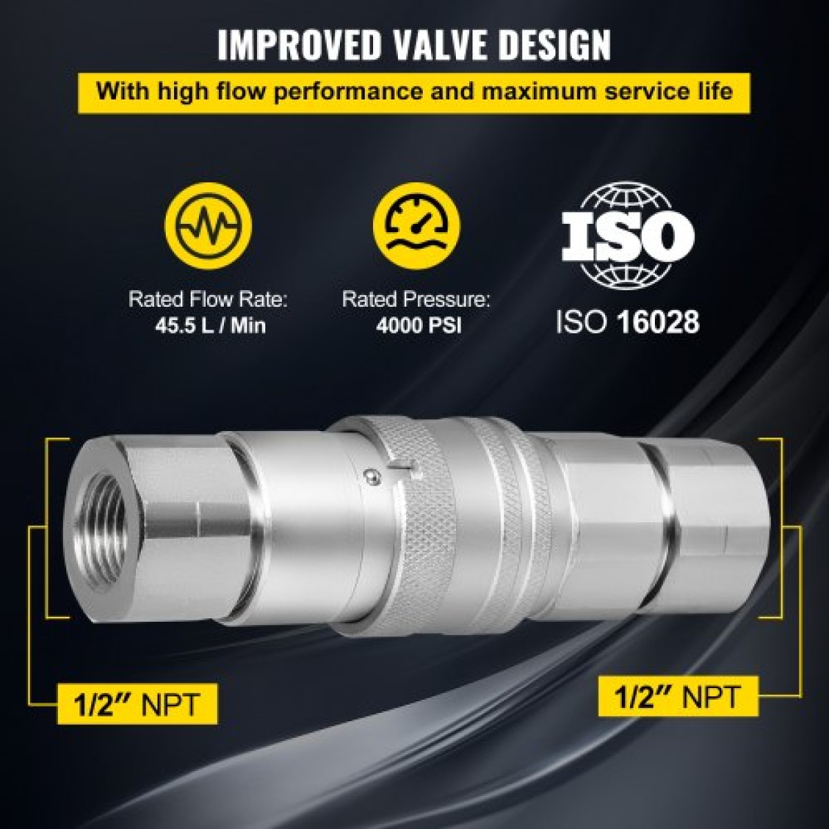 VEVOR Hydraulic Quick Connect 1/2 Body with 1/2" NPT Thread Hydraulic Coupler 4 Pairs Hydraulic Coupling Quick Connect 45,5 L/min Hydraulic Quick Coupler (ISO 16028)