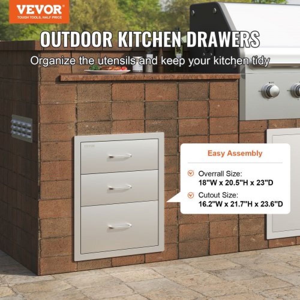 VEVOR 18x23 ιντσών εξωτερική κουζίνα από ανοξείδωτο ατσάλι Τριπλής πρόσβασης Συρτάρια BBQ με λαβή χρωμίου, 18 x 23 x 23 ιντσών