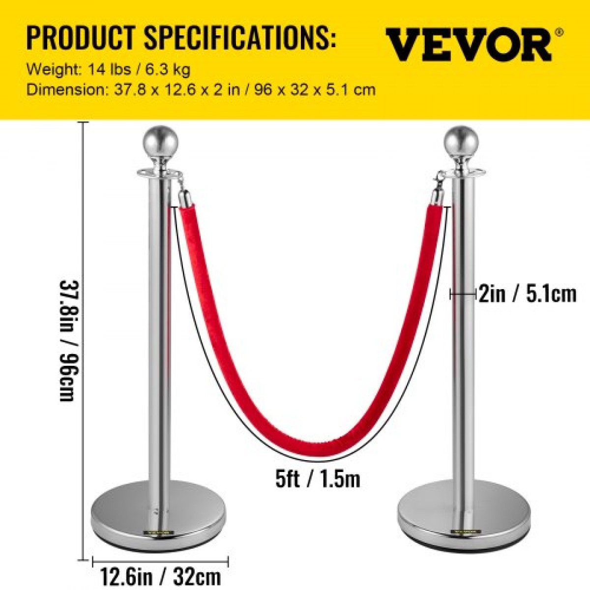 VEVOR 4 Pack Αναδιπλούμενο Ασημί στρογγυλό επάνω μέρος Stanchion Post Queue Στύλοι πλήθους ελέγχου Στύλους γραμμής με 1,5M Red 2 Velvet Rope