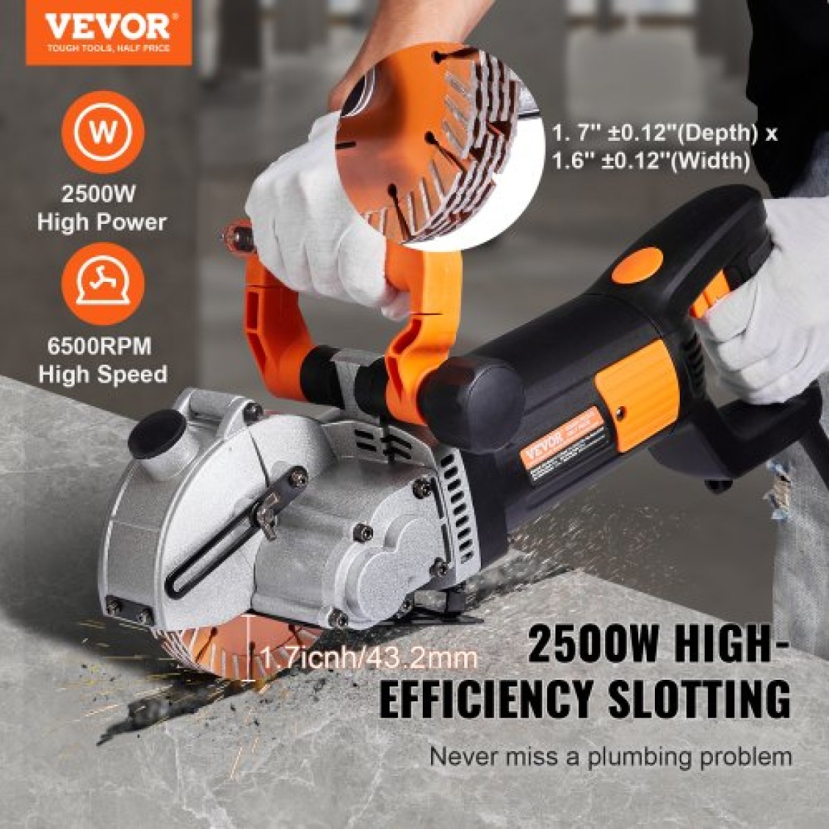 VEVOR Electric Wall Chaser, Μηχάνημα κοπής Wall Groove 133mm, Groove Cutting Machine Depth 42mm, Wall Slots Machine 2500W, Wall Cutting Machine with Water Pump
