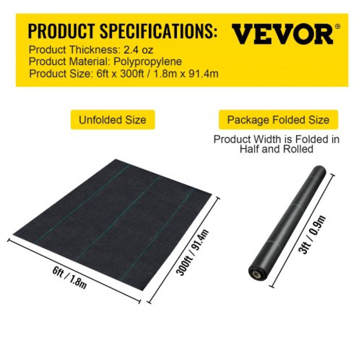 VEVOR 182,9 x 9144 cm Heavy Duty PP Woven Weed Barrier Landscape Ground Cover 68 g