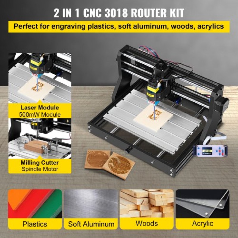 VEVOR CNC 3018 Pro 500mw 300×180×45mm CNC Machine GRBL Control Mini Laser Engraver with Offline Controller 3 Axis Laser Engraving Machine for Carving Milling Plastic Acrylic PVC Wood