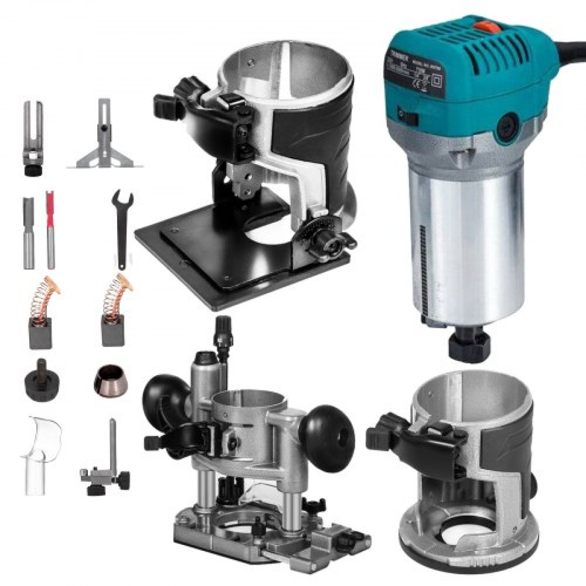 VEVOR 800W Max Torque Variable Speed ​​30.000 RPM Compact Router with Collets 6,4 mm & 9,5 mm 1 x Plunge Base & 1 x Tilt Base 220V