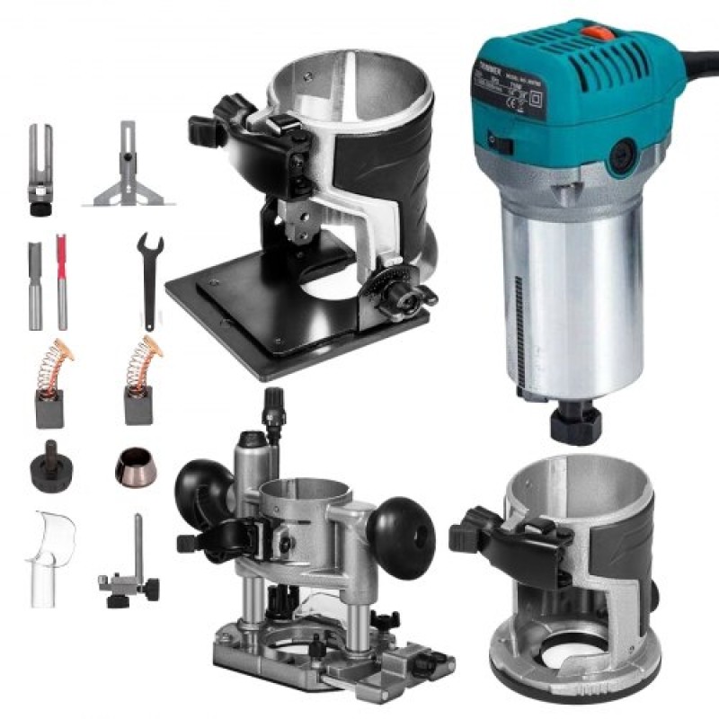 VEVOR 800W Max Torque Variable Speed ​​30.000 RPM Compact Router with Collets 6,4 mm & 9,5 mm 1 x Plunge Base & 1 x Tilt Base 220V
