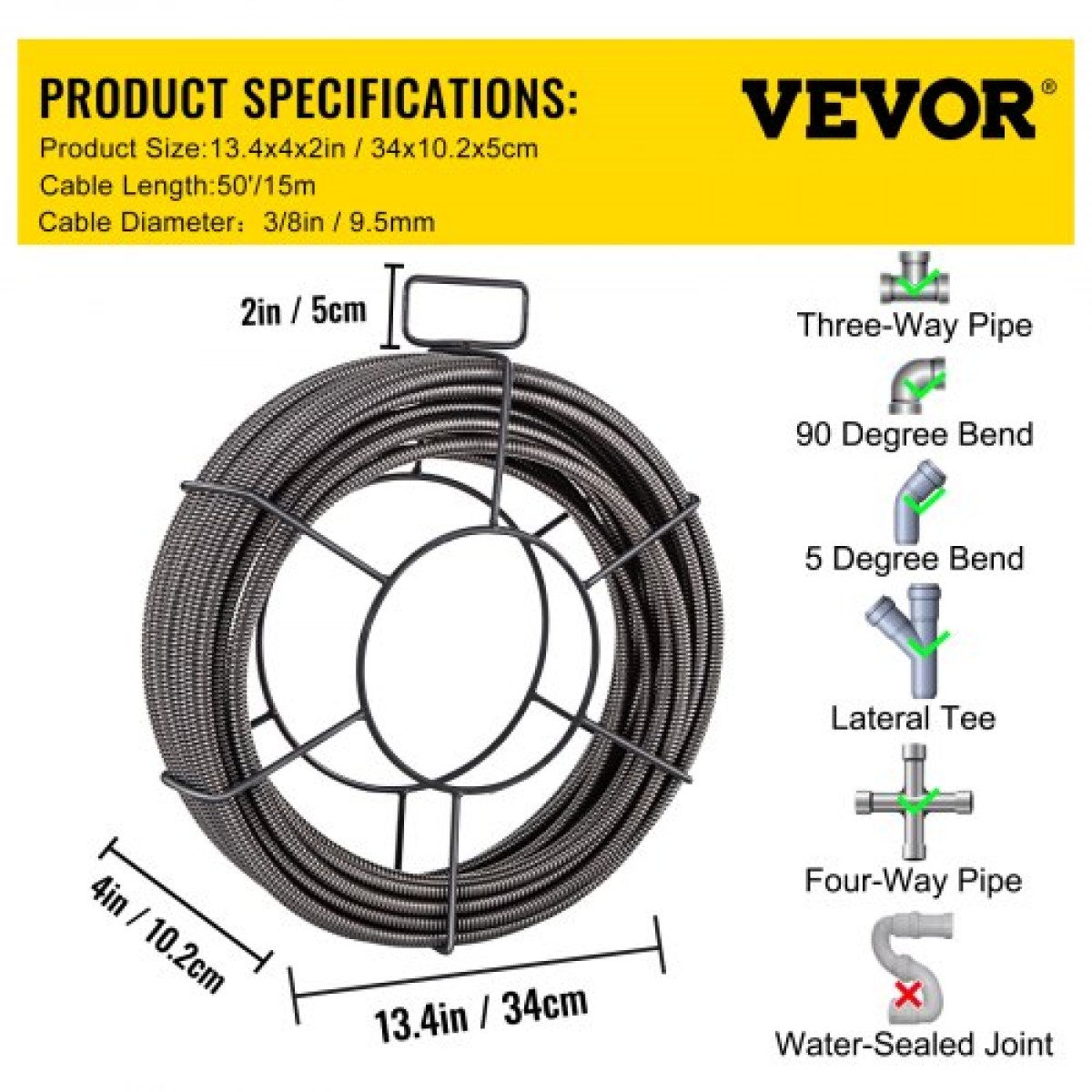 Καλώδιο καθαρισμού αποχέτευσης VEVOR 1524 cm x 1,0 cm Καλώδιο αποχέτευσης συμπαγούς πυρήνα Καλώδιο αποχέτευσης τρυπάνι Cable Cleaner Snake Clog Pipe Cleaning Cable Sewer Drain Auger Snake Pipe
