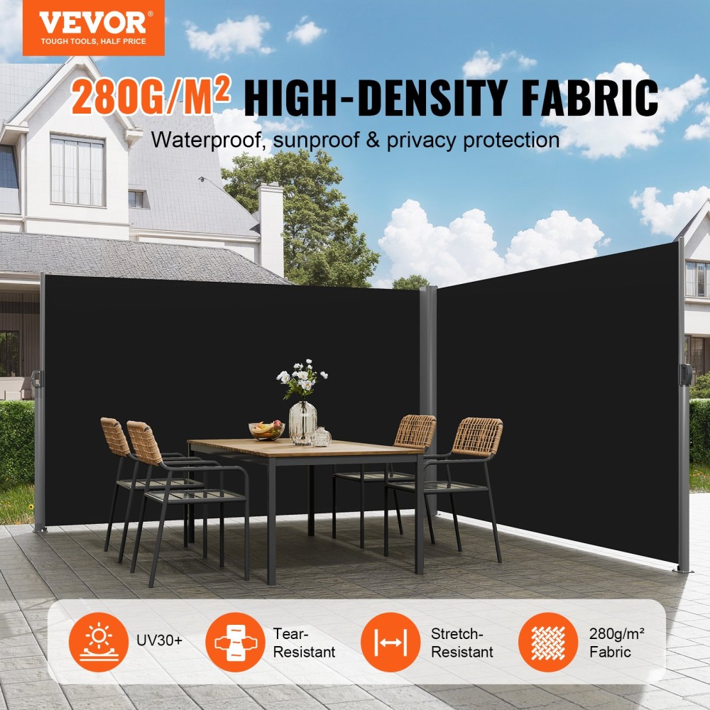 Πτυσσόμενη πλαϊνή τέντα VEVOR, 71''x 236'' Αλουμίνιο Outdoor Privacy Screen, 280g Polyester Αδιάβροχη αναδιπλούμενη σήτα βεράντας, UV 30+ Διαιρέτης Δωματίων Ανεμοθώρακα για Αίθριο, Πίσω αυλή, Μπαλκόνι, Μαύρο