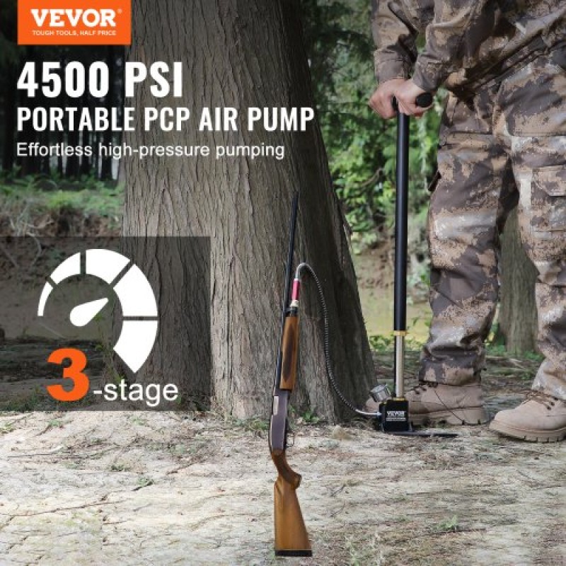 Αντλία χειρός VEVOR PCP, 3 σταδίων, 30Mpa 4500PSI Υψηλής πίεσης PCP Air Rifle Filling Stirrup Pump με μετρητή πίεσης φίλτρου υγρασίας λαδιού, ανοξείδωτο ατσάλι για αεροβόλα Ελαστικό Scuba Tank Paintball Filling