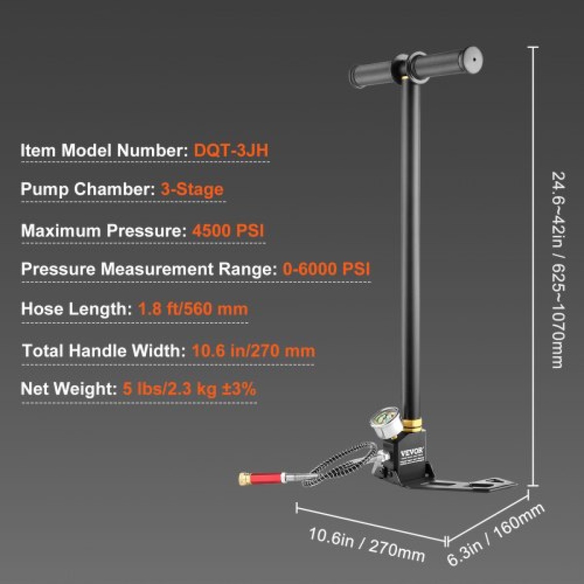 Αντλία χειρός VEVOR PCP, 3 σταδίων, 30Mpa 4500PSI Υψηλής πίεσης PCP Air Rifle Filling Stirrup Pump με μετρητή πίεσης φίλτρου υγρασίας λαδιού, ανοξείδωτο ατσάλι για αεροβόλα Ελαστικό Scuba Tank Paintball Filling