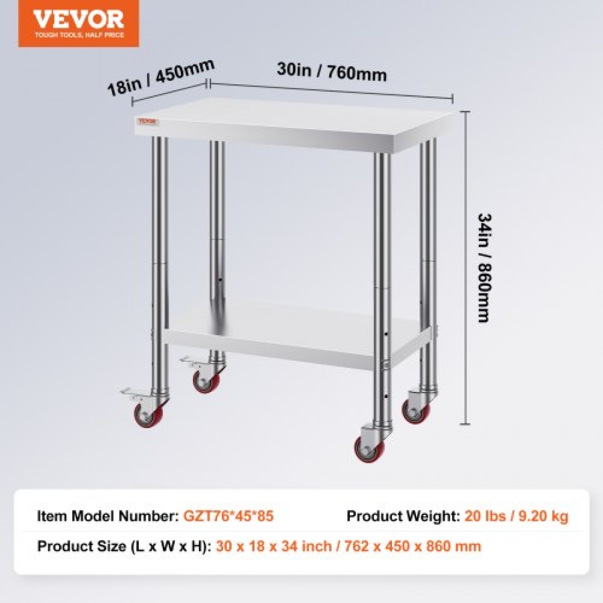 Τραπέζι εργασίας VEVOR από ανοξείδωτο ατσάλι 30 x 18 x 34 ιντσών, χωρητικότητα 700 LBS με 4 ρόδες, 3 ρυθμιζόμενα επίπεδα ύψους, τραπέζι εργασίας προετοιμασίας φαγητού βαρέως τύπου για εμπορική κουζίνα, ασημί
