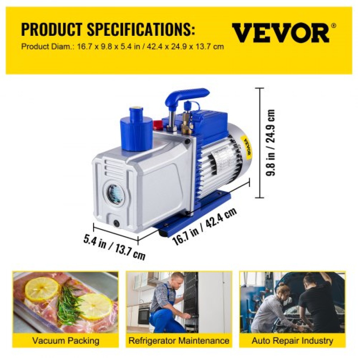 Αντλία κενού VEVOR 283 L/min(10CFM) 746W(1HP) Vane Pump Vacuum Two Stage 3 x 10-1 Pa Ultimate HVAC Rotary Auto AC Refrigerant Vacuum, for Automobile Reparation Vacuum Vacuum