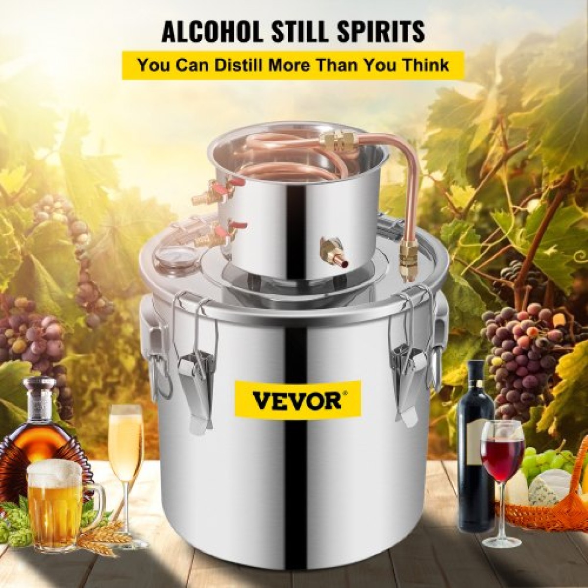 VEVOR Still Distiller 8,5 Gal Stainless Steel Water Distiller 38L Copper Tube Home Brewing Kit Ενσωματωμένο θερμόμετρο για DIY Whisky Wine Brandy Sliver