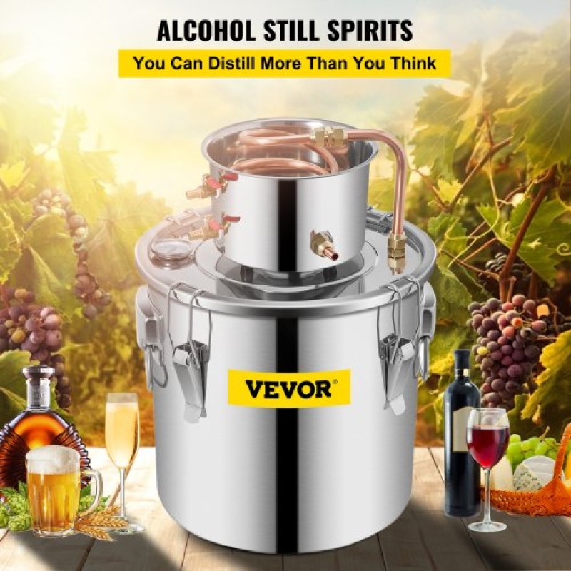 VEVOR Still Distiller 8,5 Gal Stainless Steel Water Distiller 38L Copper Tube Home Brewing Kit Ενσωματωμένο θερμόμετρο για DIY Whisky Wine Brandy Sliver