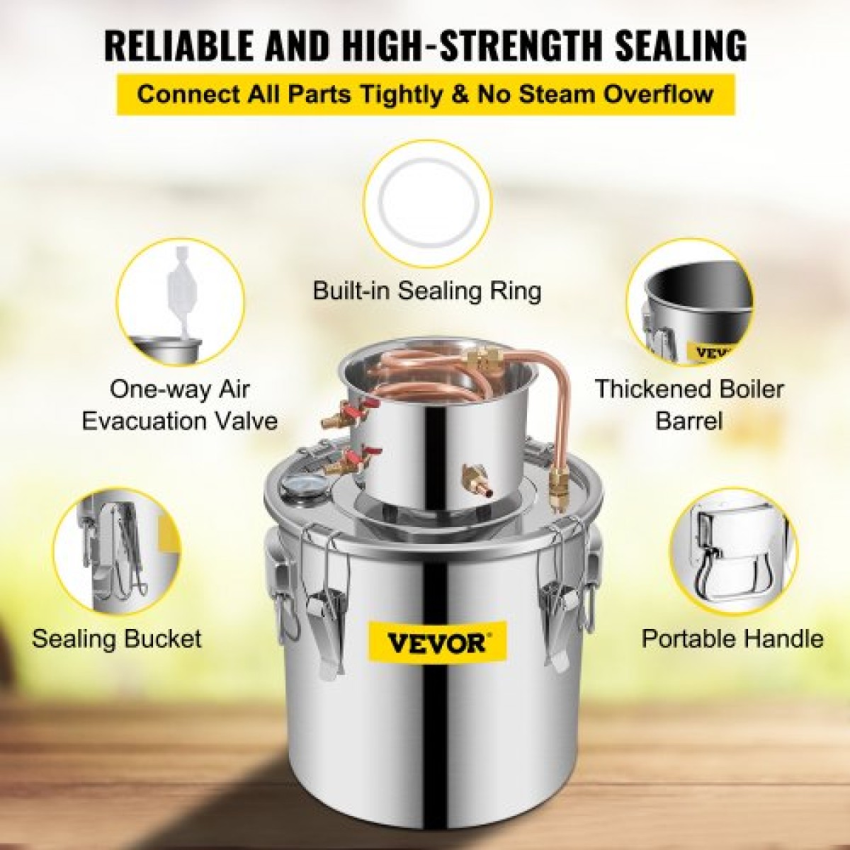 VEVOR Still Distiller 8,5 Gal Stainless Steel Water Distiller 38L Copper Tube Home Brewing Kit Ενσωματωμένο θερμόμετρο για DIY Whisky Wine Brandy Sliver
