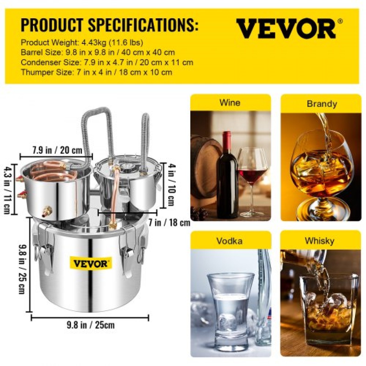 VEVOR Still Distiller 3Gal 12L από ανοξείδωτο ατσάλι Χάλκινος σωλήνας απόσταξης νερού με αντλία κυκλοφορίας Home Brewing Kit Ενσωματωμένο θερμόμετρο για DIY Whisky Wine Brandy Spirits