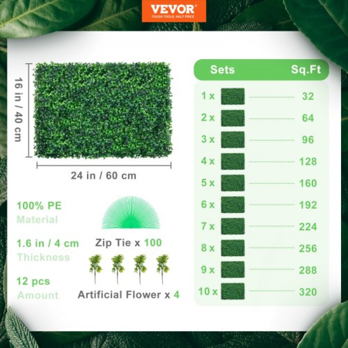 VEVOR 12 τεμ. Τεχνητό Πυξάρι Πάνελ UV Πυξάρι Θάμα τοίχου Πάνελ τοίχου Τεχνητό γρασίδι 24Χ16" 4 εκ. Πράσινο γρασίδι τοίχου Ψεύτικος φράκτης για διακόσμηση Ιδιωτικό Φράχτη Εσωτερικός εξωτερικός κήπος Πίσω αυλή