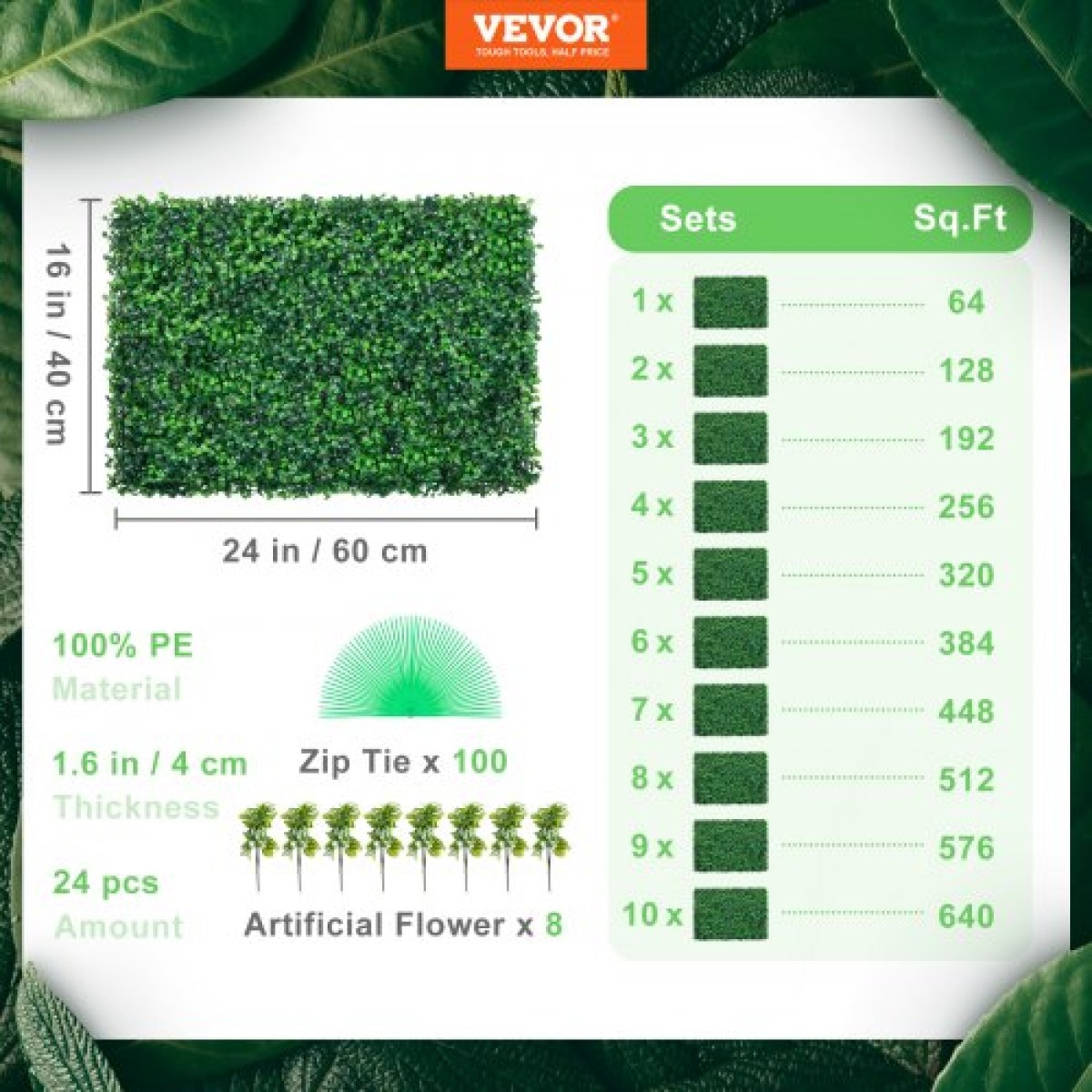 VEVOR Τεχνητό Πυξάρι πάνελ 24" X 16" UV 24 τμχ Πυξάρι Θωράκιση τοίχου Πυξάρι Τοίχος σκηνικού τεχνητού γρασιδιού 4 cm Τοίχος πράσινου χόρτου, ψεύτικος φράκτης για διακόσμηση Ιδιωτικό φράχτη Εσωτερικός, εξωτερικός κήπος Πίσω αυλή