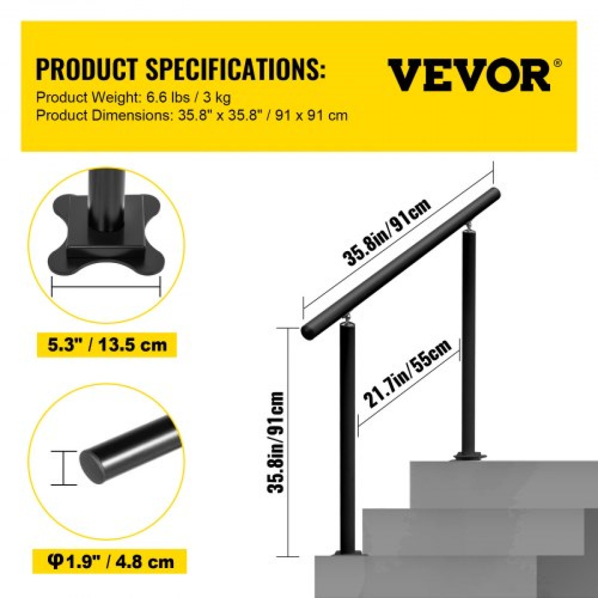 VEVOR Κουπαστή Εξωτερική Σκάλα, 91,4 cm, 86,4 cm Κουπαστή εξωτερικού χώρου Μαύρο κιγκλίδωμα Εξωτερικής Σκάλας Ρυθμιζόμενο από 0 έως 60 Μοίρες Κουπαστή για σκάλες Εξωτερικό Μαύρο κιγκλίδωμα σκάλας αλουμινίου για κήπο