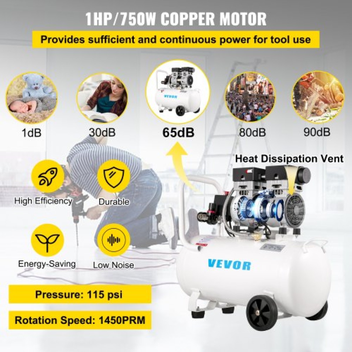 VEVOR Air Compressor 41,6 L, Ultra Quiet Air Compressor 1 HP, Oil-free Air Compressor Steel Tank 750W, Portable Air Compressor 8 bar, Ultra Quiet Compressor για επισκευή στο σπίτι, Φούσκωμα ελαστικών