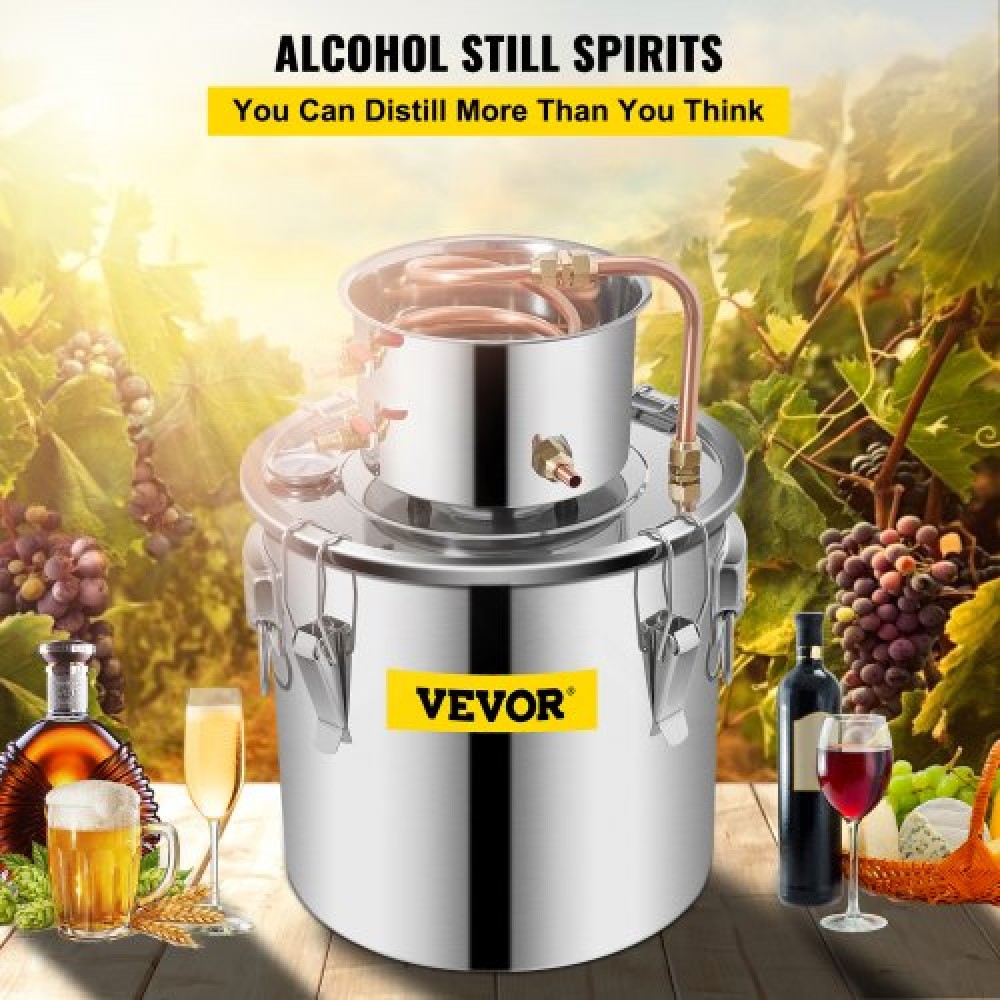 VEVOR Still Distiller 5Gal 21L από ανοξείδωτο ατσάλι Water Distiller Copper Tube Home Brewing Kit Ενσωματωμένο θερμόμετρο για DIY Whisky Wine Brandy Sliver