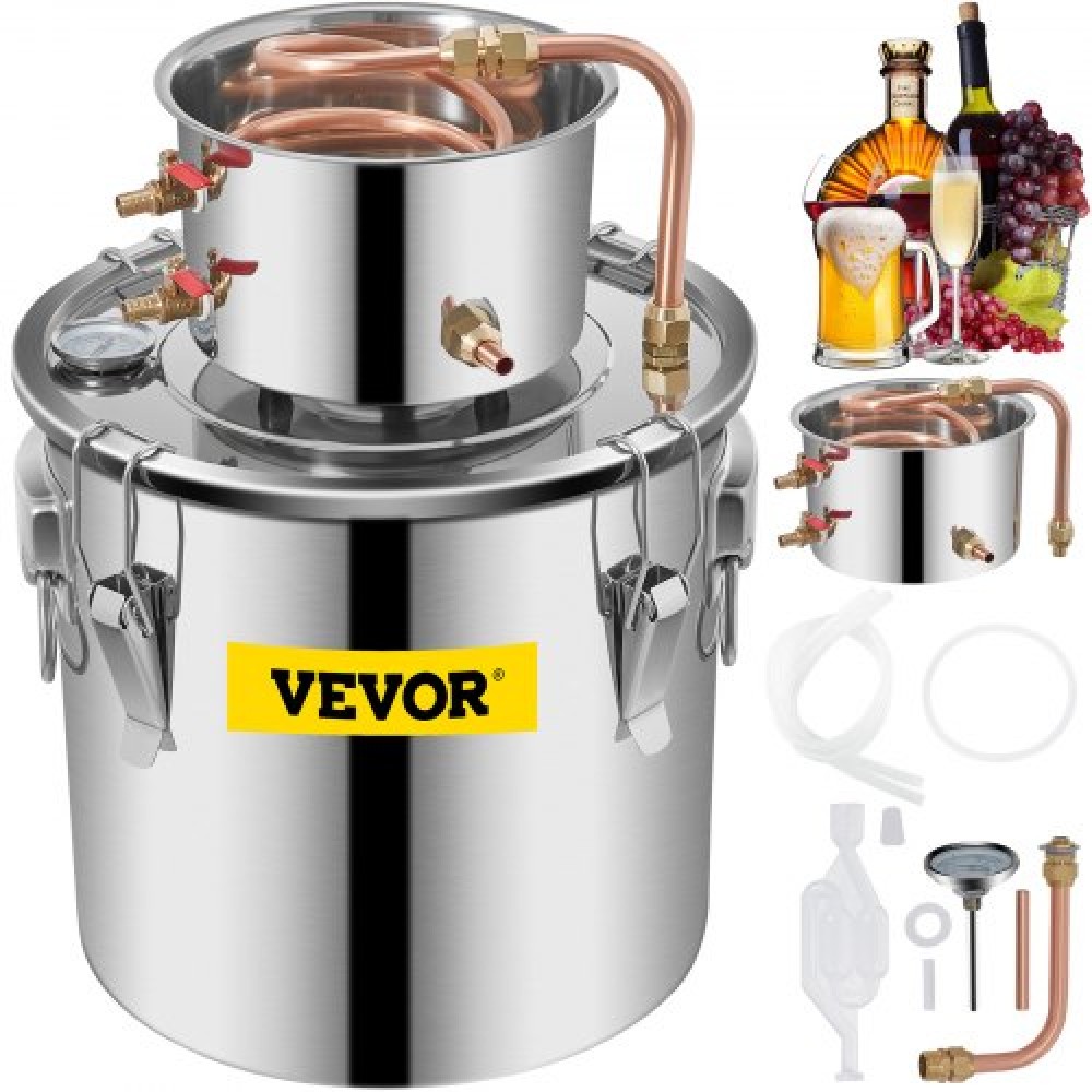 VEVOR Still Distiller 5Gal 21L από ανοξείδωτο ατσάλι Water Distiller Copper Tube Home Brewing Kit Ενσωματωμένο θερμόμετρο για DIY Whisky Wine Brandy Sliver