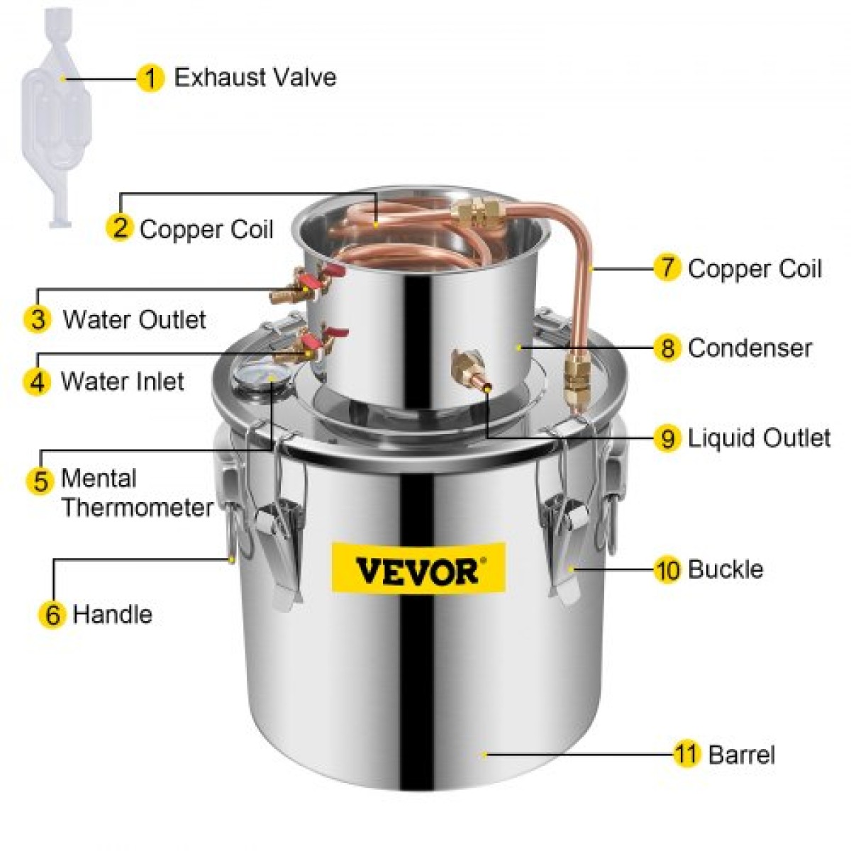 VEVOR Still Distiller 5Gal 21L από ανοξείδωτο ατσάλι Water Distiller Copper Tube Home Brewing Kit Ενσωματωμένο θερμόμετρο για DIY Whisky Wine Brandy Sliver