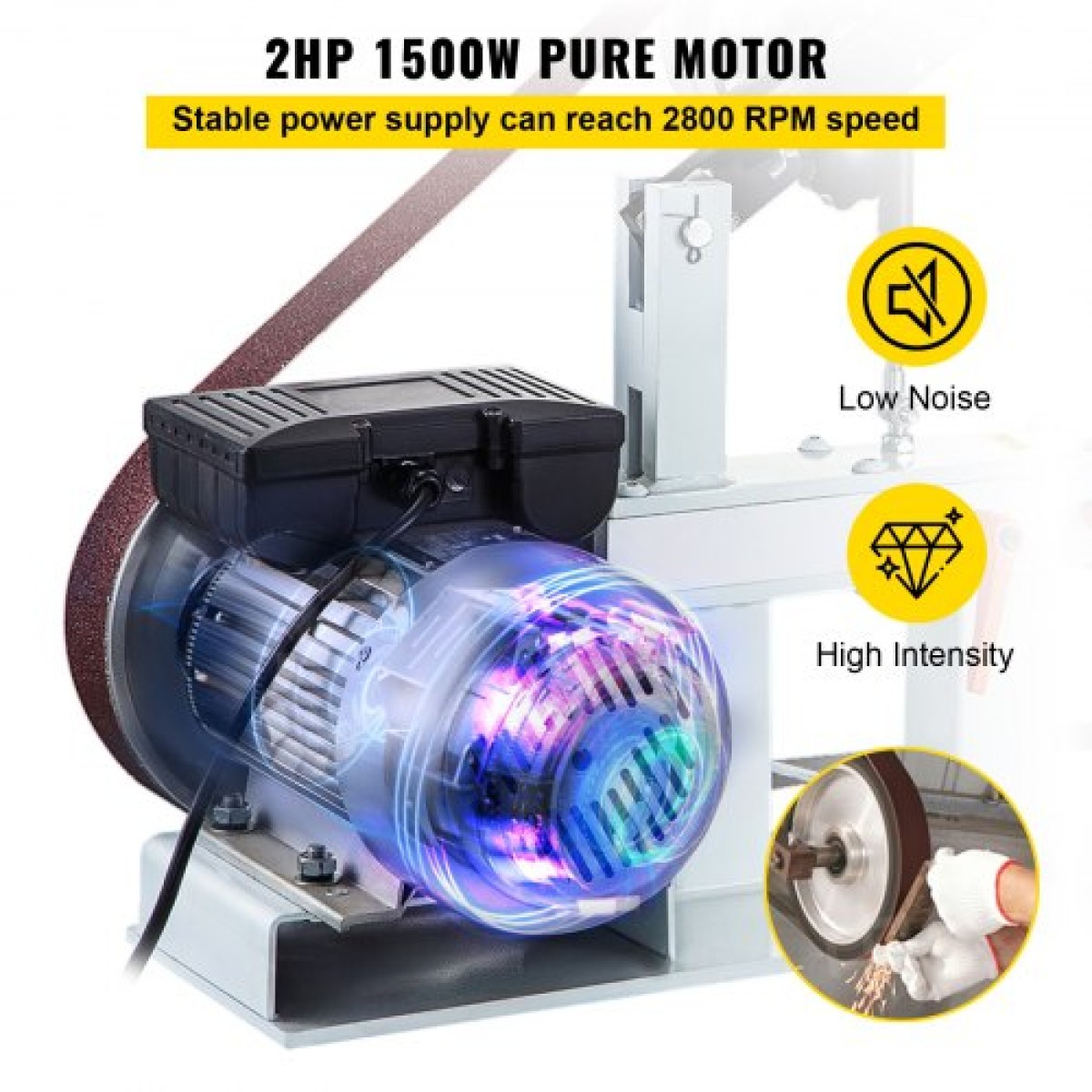 Ταινιοτριβείο VEVOR 2Hp σταθερής ταχύτητας 2 X 82 ιντσών Ιμάντες δίσκου τριβείο με 3 τροχούς λείανσης 110V Πάγκος τριβείο 12 ιντσών Τροχός και επίπεδη βάση εργαλείων για κατασκευή μαχαιριών
