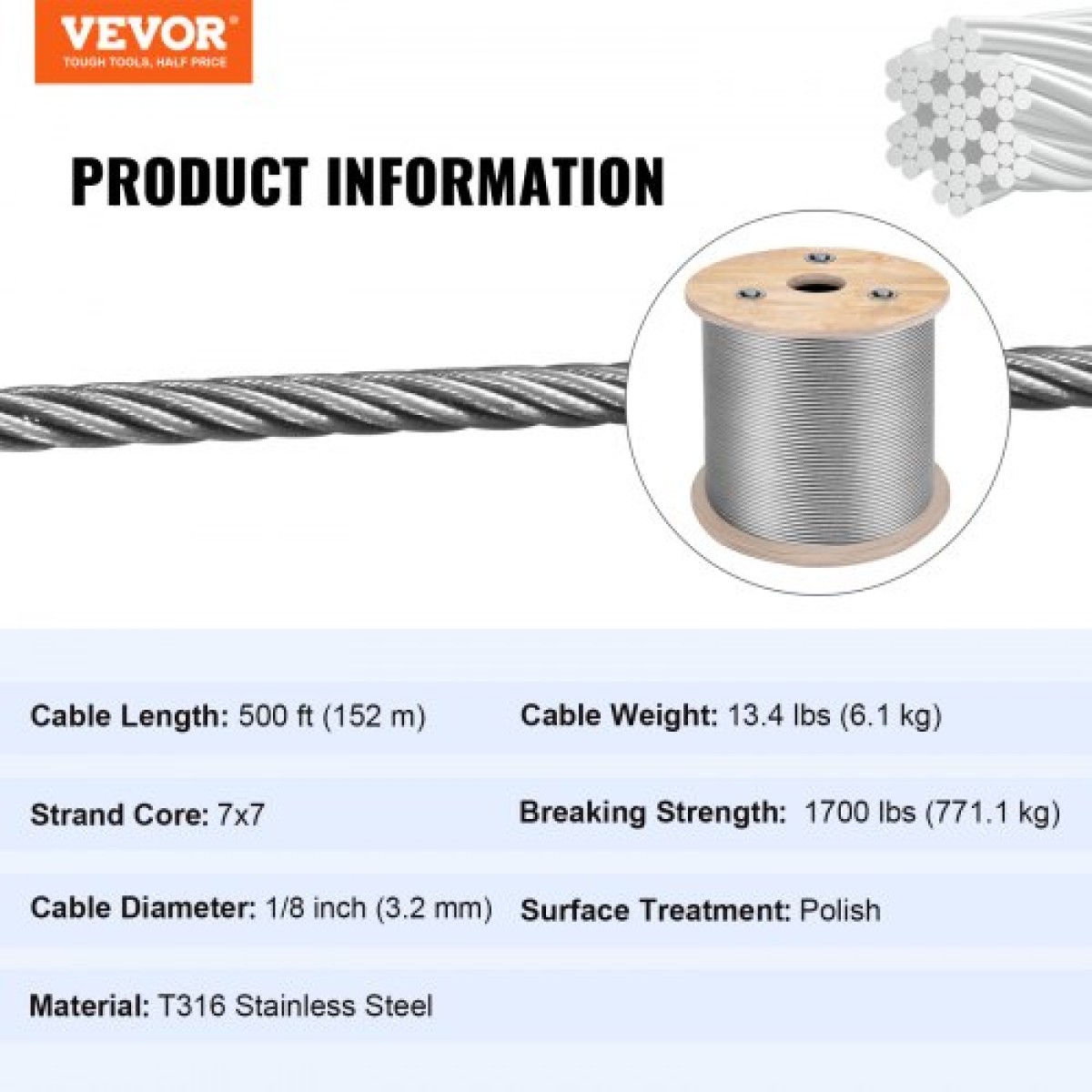 VEVOR T316 Καλώδιο από ανοξείδωτο ατσάλι 3,2 mm 7x7 Καλώδιο συρματόσχοινο από ατσάλι 15240 cm Κιγκλίδωμα καλωδίου Μεταφορά Καλώδιο συρματόσχοινο για καταστρώματα κιγκλιδωμάτων DIY κιγκλίδωμα