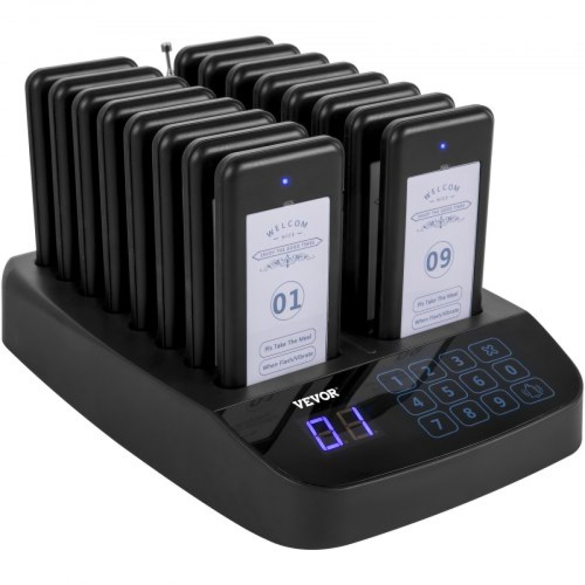 VEVOR Restaurant Pager 16 Coasters Paging System Max 98 Nursery Pager Ασύρματο σύστημα τηλεειδοποίησης σε ουρά κλήσης Οθόνη αφής με δόνηση, αναβοσβήνει και βομβητή για ξενοδοχεία και καφετέριες κοινωνικών αποστάσεων