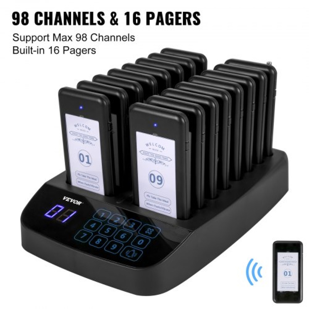 VEVOR Restaurant Pager 16 Coasters Paging System Max 98 Nursery Pager Ασύρματο σύστημα τηλεειδοποίησης σε ουρά κλήσης Οθόνη αφής με δόνηση, αναβοσβήνει και βομβητή για ξενοδοχεία και καφετέριες κοινωνικών αποστάσεων