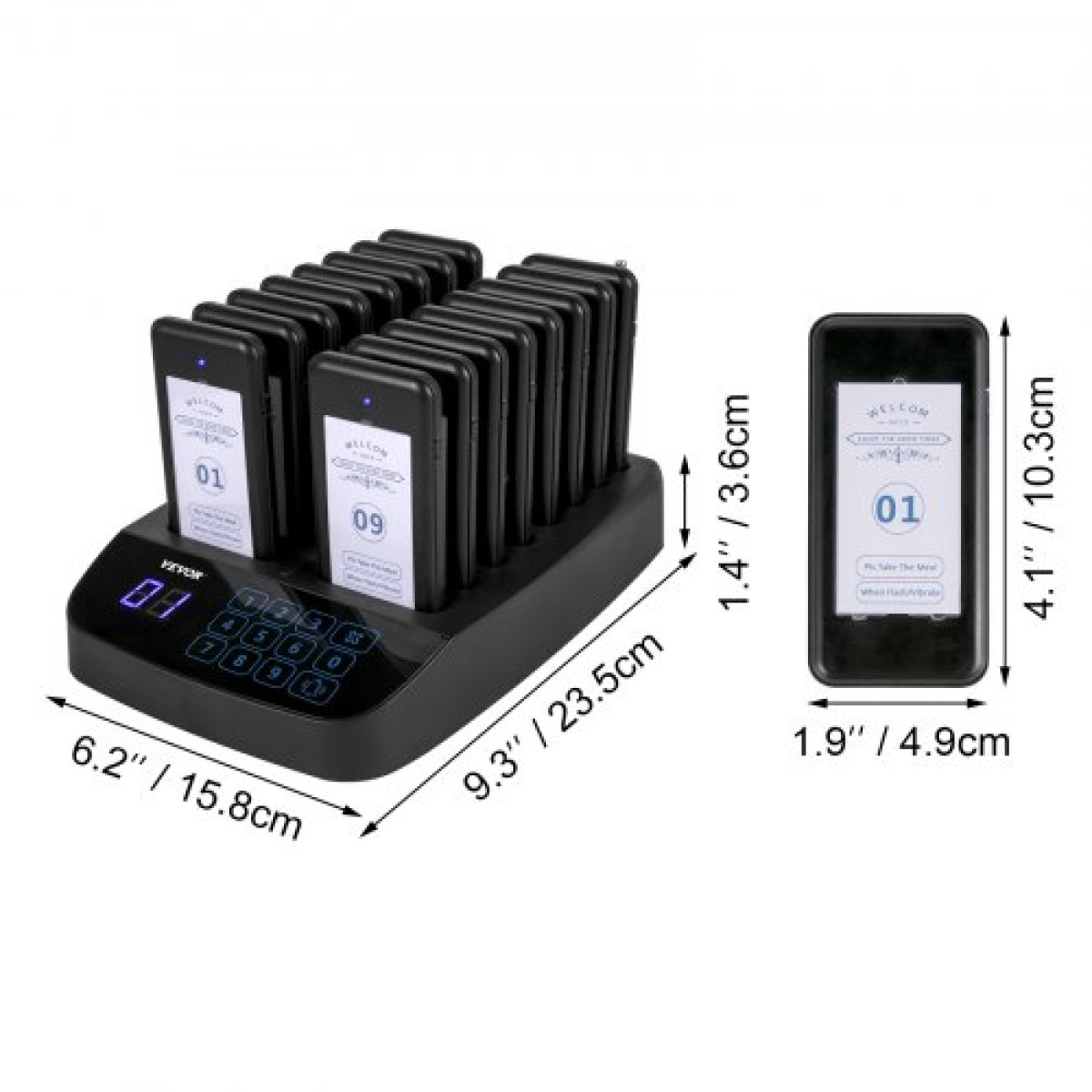 VEVOR Restaurant Pager 16 Coasters Paging System Max 98 Nursery Pager Ασύρματο σύστημα τηλεειδοποίησης σε ουρά κλήσης Οθόνη αφής με δόνηση, αναβοσβήνει και βομβητή για ξενοδοχεία και καφετέριες κοινωνικών αποστάσεων