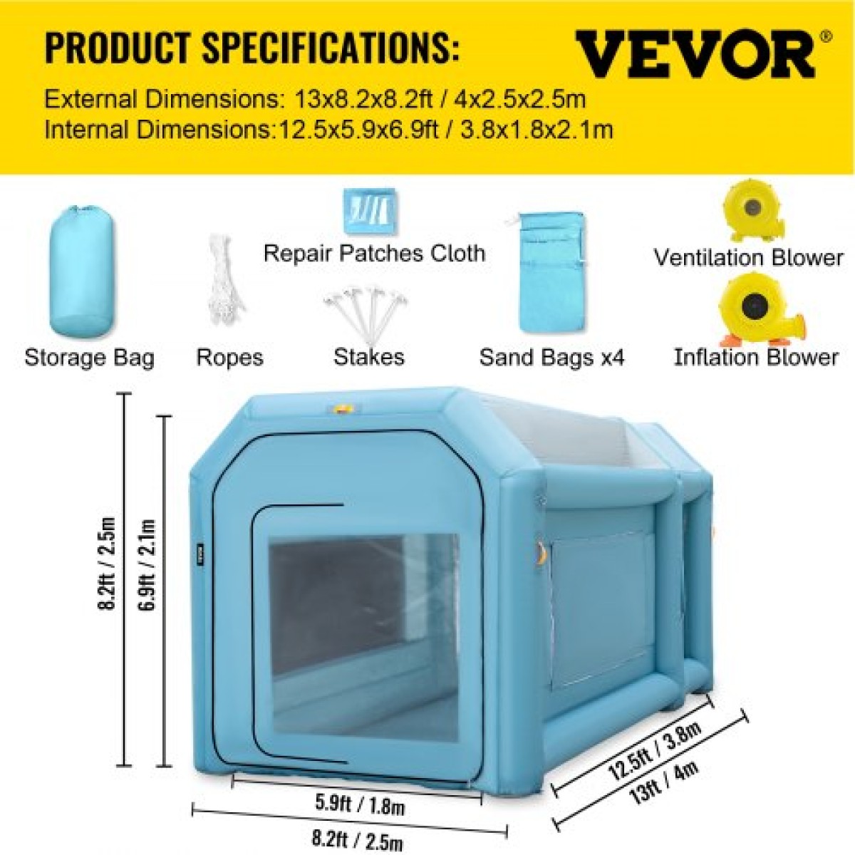 Φουσκωτός θάλαμος βαφής VEVOR, 396,24 x 243,8 x 243,8 cm Φουσκωτός θάλαμος ψεκασμού, Σκηνή βαφής αυτοκινήτου με σύστημα φίλτρου αέρα & 2 φυσητήρες, αναβαθμισμένη σκηνή ψεκασμού Blow Up, Γκαράζ μοτοσικλέτας σταθμού εργασίας Auto Paint