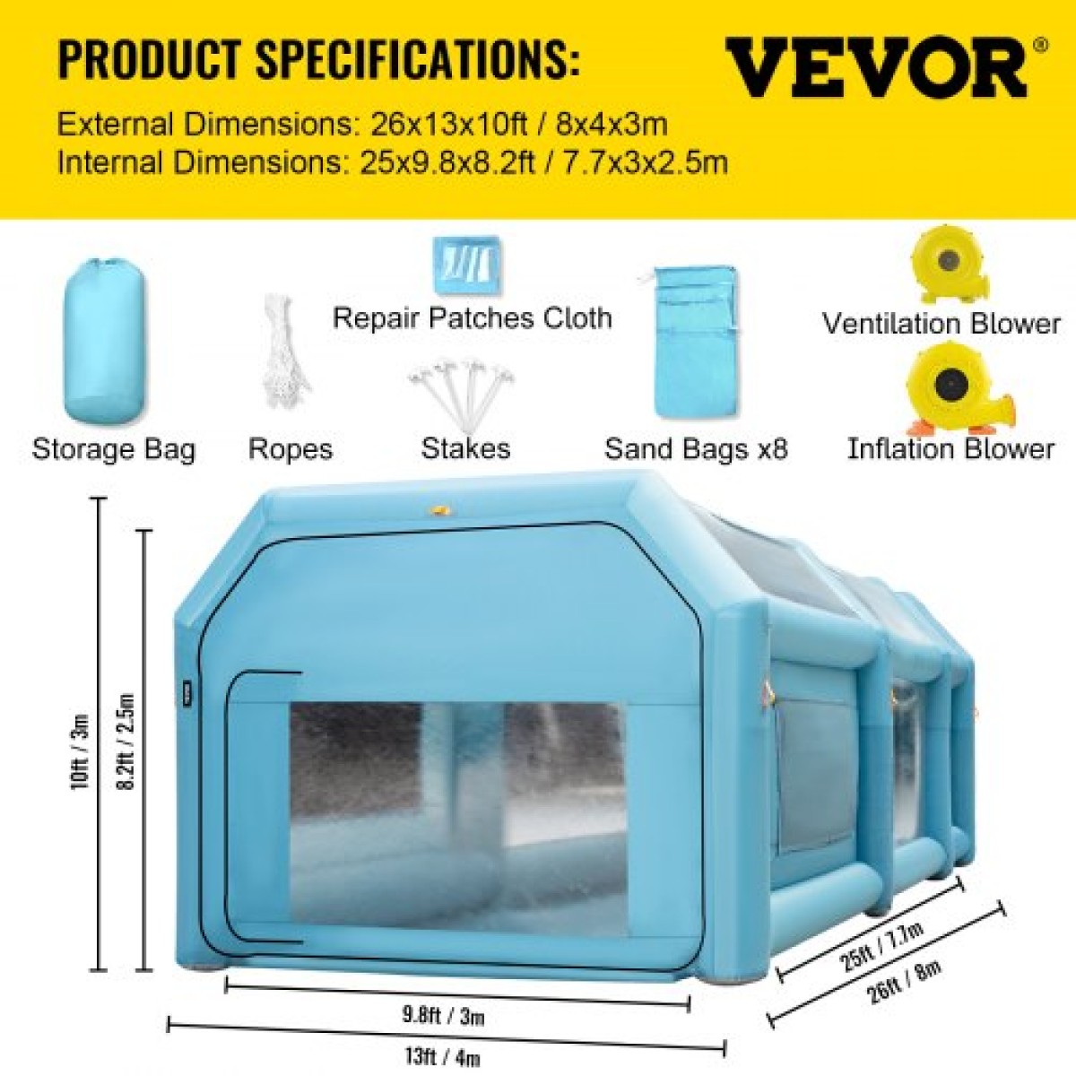 Φουσκωτός θάλαμος βαφής VEVOR, 792,48 x 457,2 x 304,8 cm Φουσκωτός θάλαμος ψεκασμού, Σκηνή βαφής αυτοκινήτου με σύστημα φίλτρου αέρα & 2 φυσητήρες, αναβαθμισμένη σκηνή ψεκασμού Blow Up, Σταθμός εργασίας Auto Paint, Γκαράζ στάθμευσης αυτοκινήτων