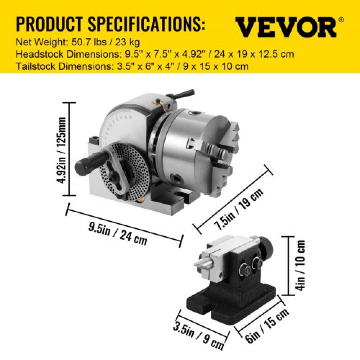 VEVOR BS-0 Κεφαλή Διαίρεσης Ακριβείας, Οριζόντια Διαιρετική κεφαλή με τσοκ 3 σιαγόνων, MT2 Tailstock BS-0 12,7 cm Διαιρέσιμη κεφαλή ημι καθολικής κοπής για φρέζα