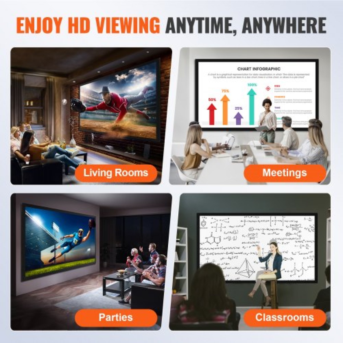 VEVOR 110 Inch Diagonal Projector Screen 16:9 4K HD Projector Screen Movie Οθόνη Fixed Frame 3D Projector for Home Threater Outdoor Use (110inch)