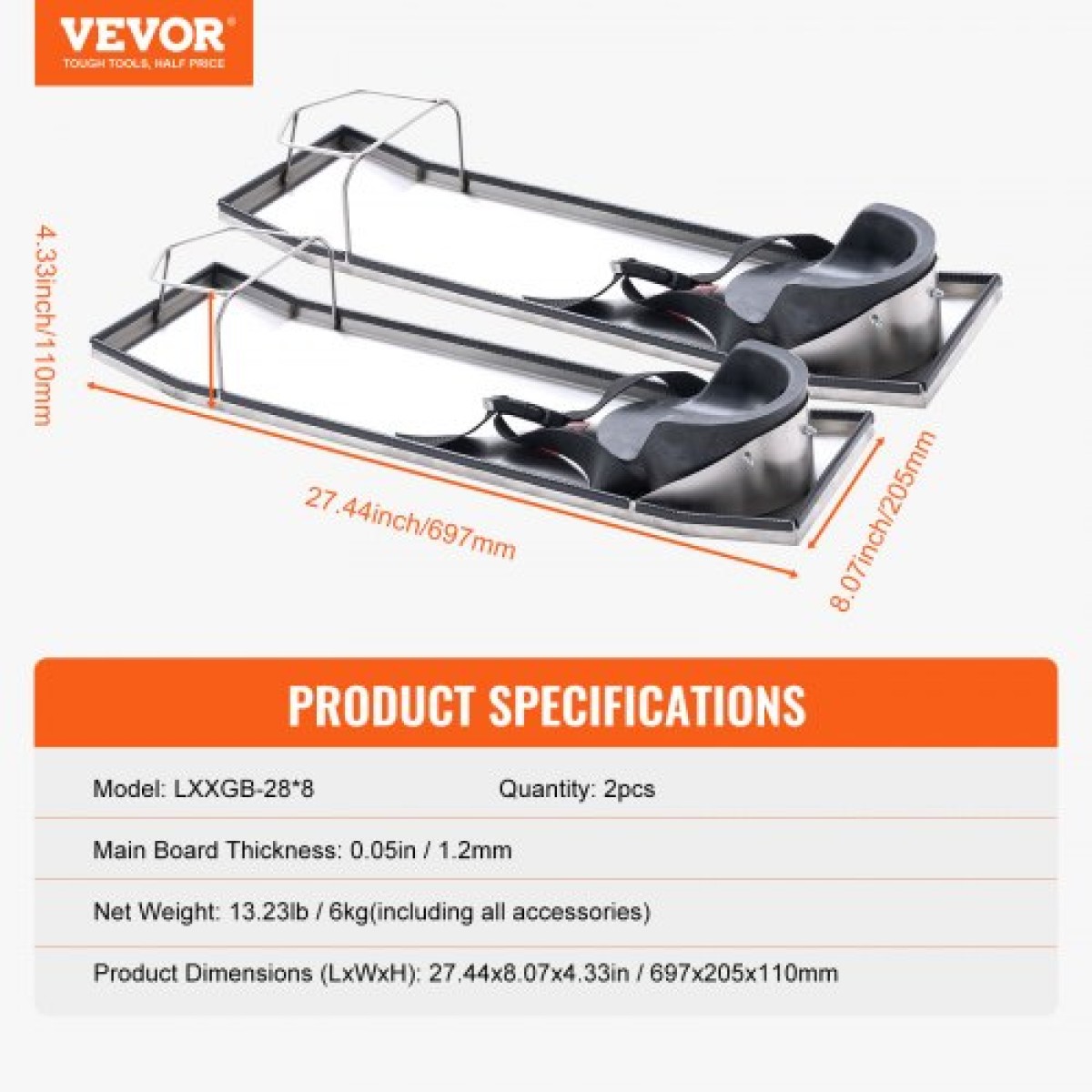 VEVOR Concrete Knee Boards Inox, 28'' x 8'' Concrete Sliders, Knee Boards for Concrete, Concrete Knee Pads Moving Sliders, με Επιγονατίδες & Ιμάντες σανίδας για Τσιμέντο και Φινίρισμα από Σκυρόδεμα