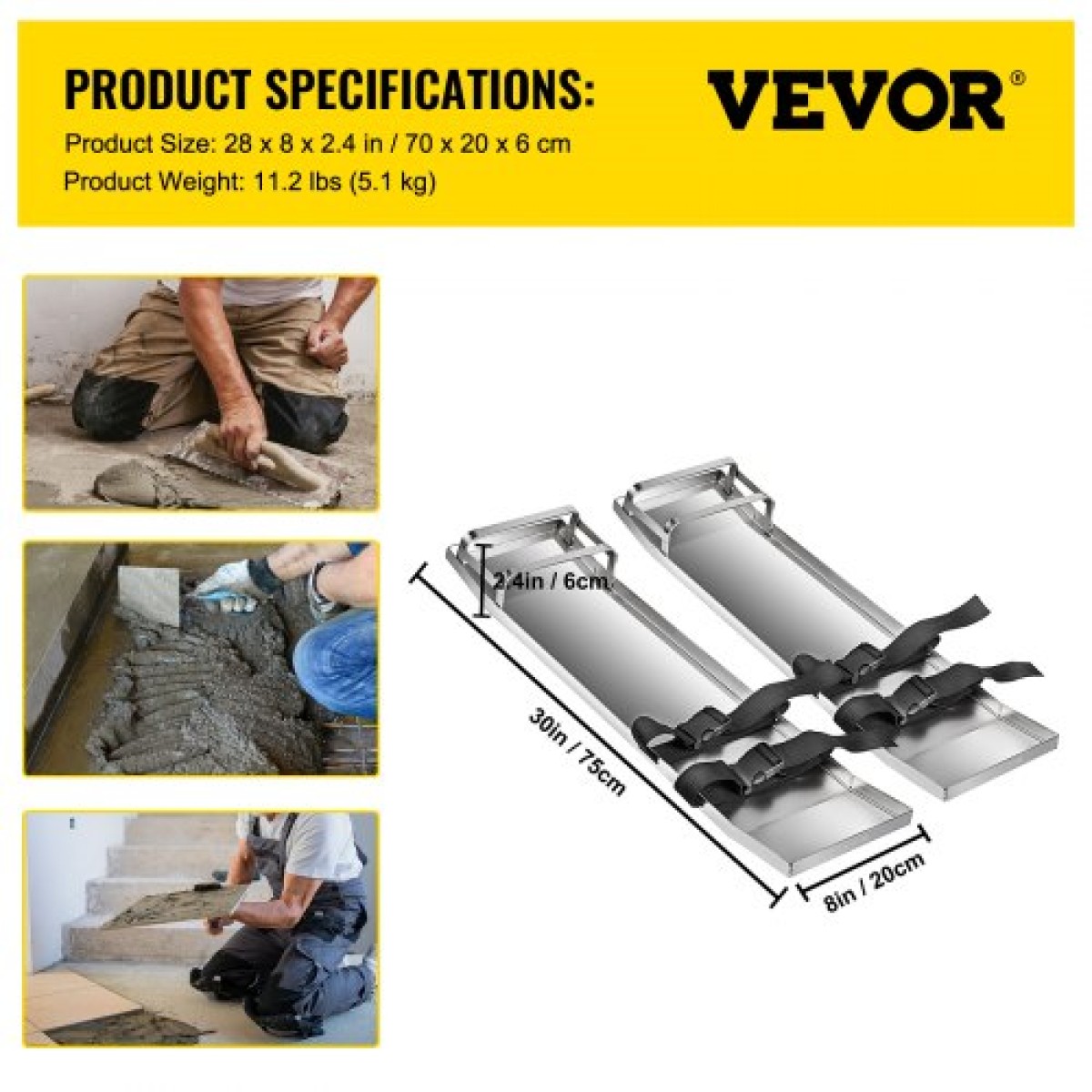 VEVOR Concrete Knee Boards 30'' x 8'' Slider Knee Boards, Kneeler Board από ανοξείδωτο χάλυβα Kneeboards, Concrete Sliders Pair Moving Sliders, with Concrete Board Straps for Cement and Concrete Finishi