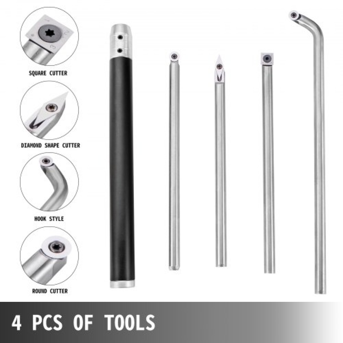VEVOR Wood Turning Tools for Lathe 4 PCS Set, Carbide Lathe Tools with Diamond Shape, Round, Square Cutters Replaceable Turning Lathe Chisels with a Grip Handle Lathe Tools for Craft DIY Hobbyists
