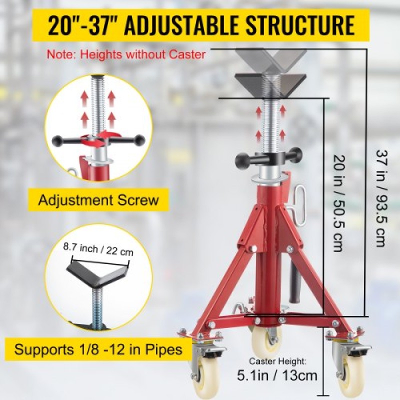 VEVOR Pipe Stand, V Head Pipe Stand Ρυθμιζόμενο ύψος 20-37 ίντσες, 2500LBS Pipe Stand με τροχίσκους, Πτυσσόμενες φορητές βάσεις σωλήνων για στήριξη σωλήνων 1/8 έως 12 ιντσών