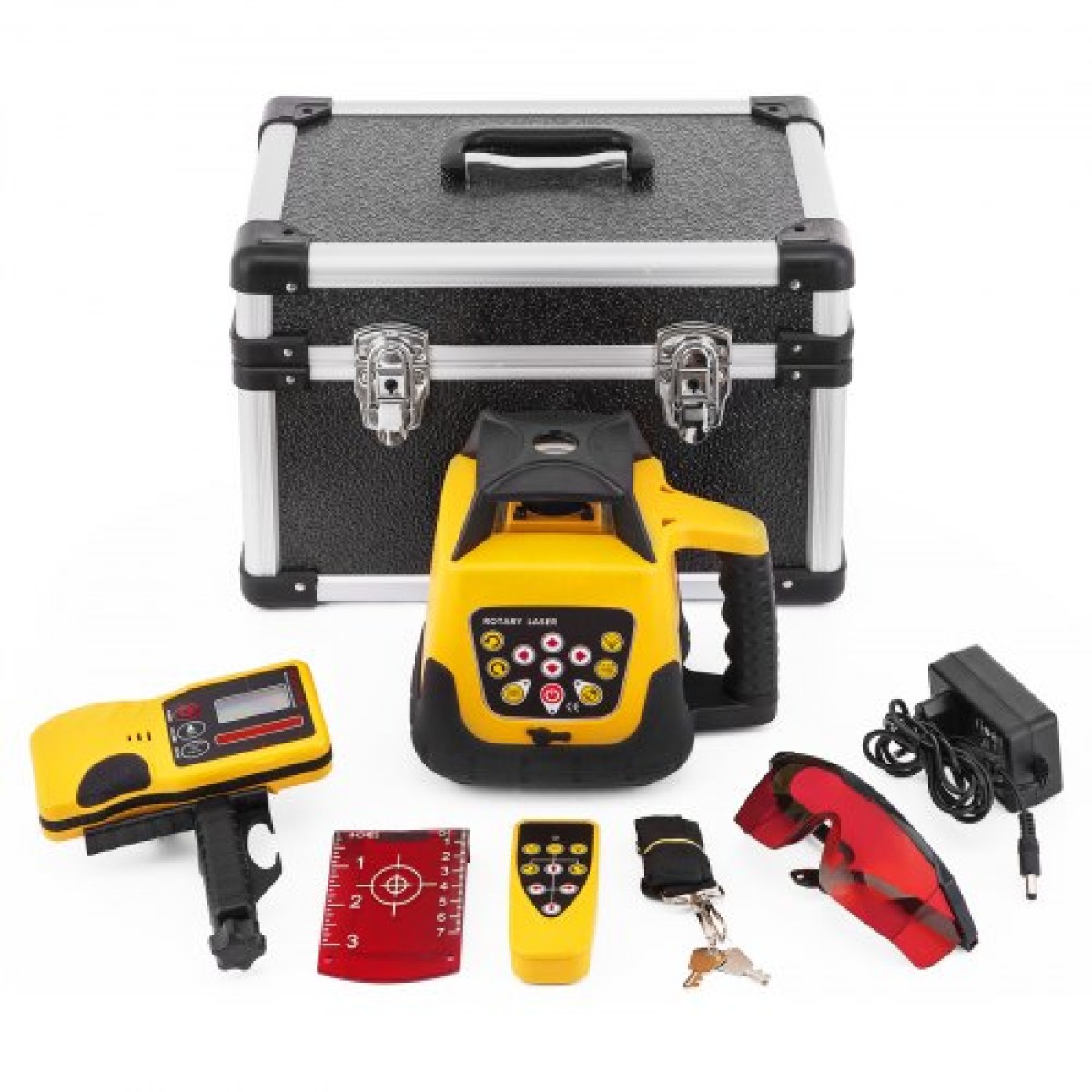 VEVOR Rotary Laser Level Kit Red Beam Ψηφιακό αυτοεπιπεδούμενο περιστροφικό κιτ λέιζερ 500M Range with Remote Control Receiver Case Transporting